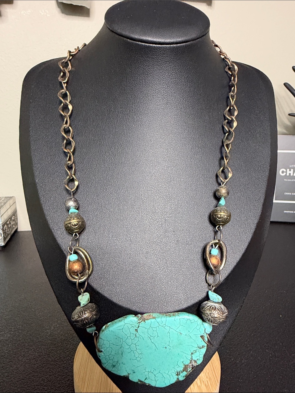 Western Boho Turquoise Statement Pendant Bronze Tone Necklace